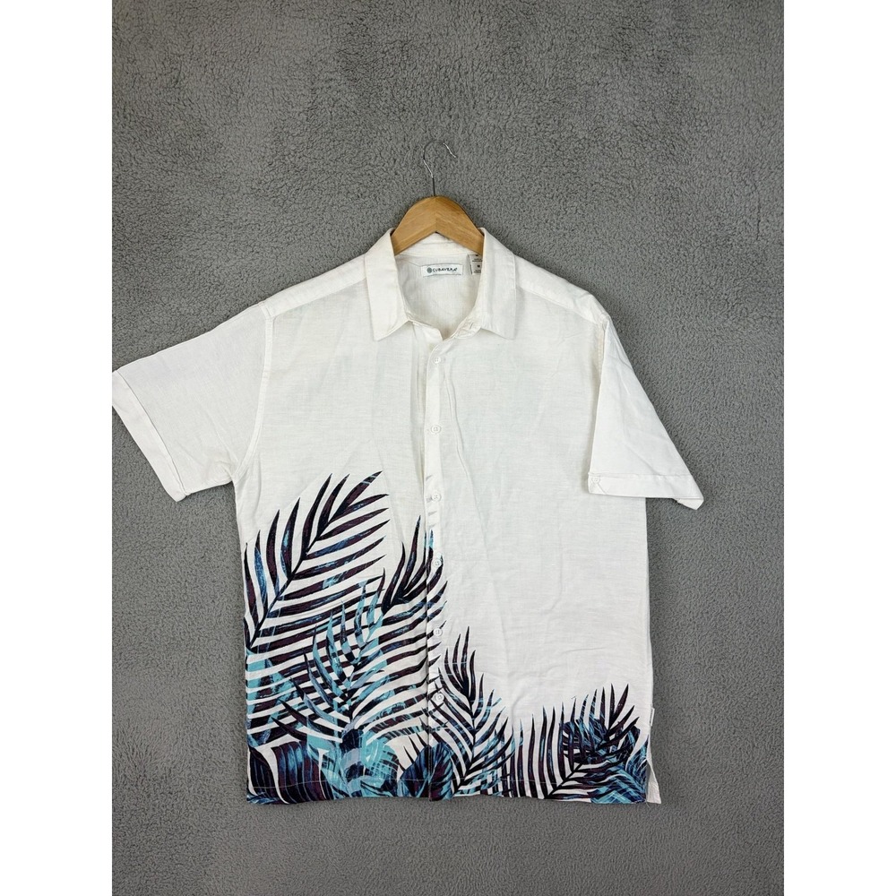 Cubavera Shirt Mens Medium White Linen Cotton Short Sleeve Tropical Palm Print